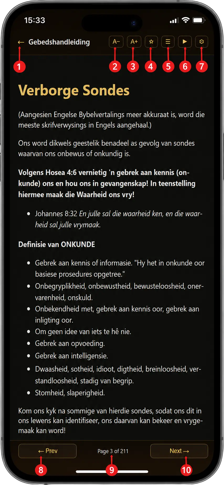 The Berean Library app reading screen with numbered buttons for navigation, font size, bookmarks, and audio controls